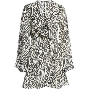 NWT TopShop Knot Front Bell Sleeve Mini Dress Black & White Groovy Print Size 4